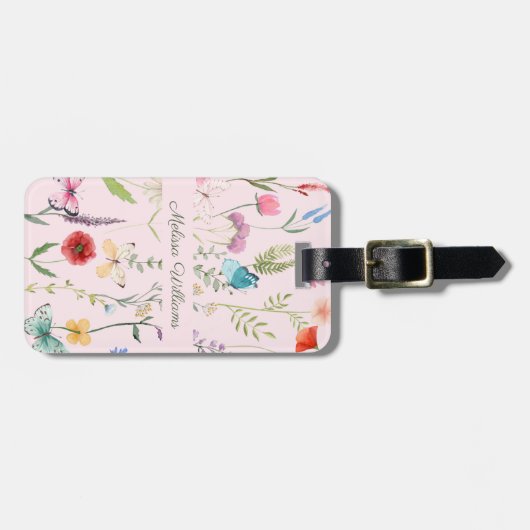 ピンクパーソナライズされたの野花 ラゲッジタグ (正面横)