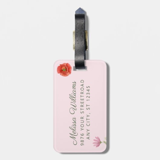 ピンクパーソナライズされたの野花 ラゲッジタグ (裏面縦)