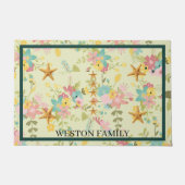 ピンクパーソナライズされたイエローグリーン花模様 ドアマット (正面)