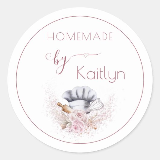 ピンクパーソナライズされたウォーターカラーホームメイドベーキング ラウンドシール (正面)