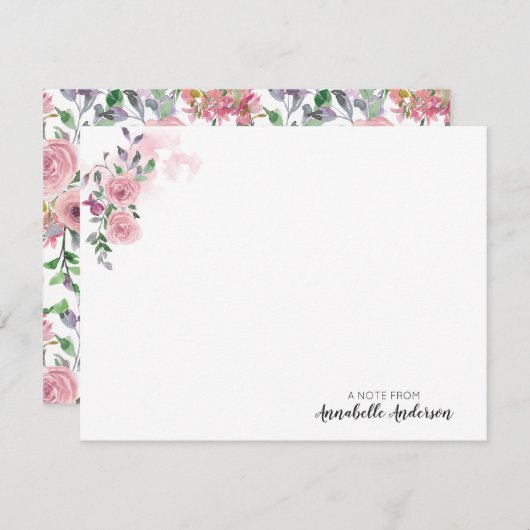 ピンクパーソナライズされたエレガントのフローラバラ水色 ノートカード (正面/裏面)
