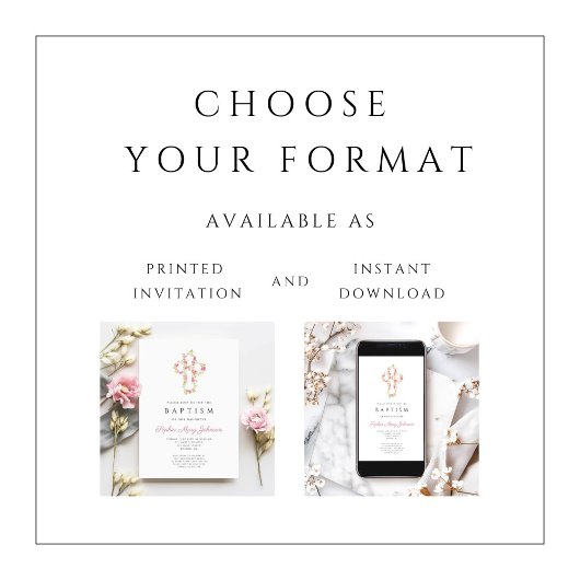 ピンクパーソナライズされたエレガントフローラクロス洗礼 招待状