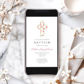 ピンクパーソナライズされたエレガントフローラクロス洗礼 招待状