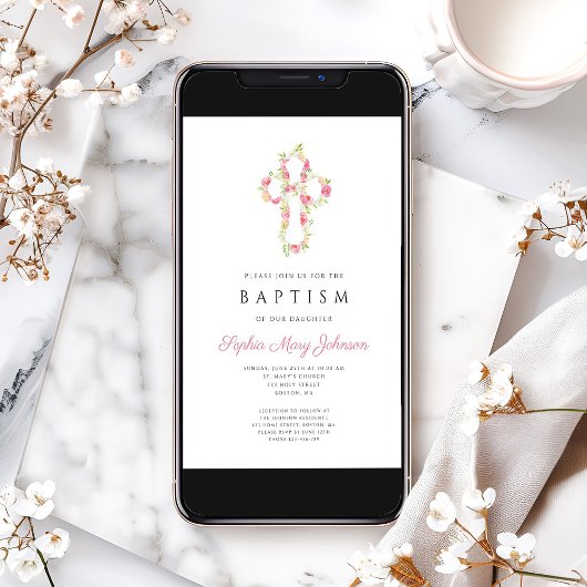 ピンクパーソナライズされたエレガントフローラクロス洗礼 招待状