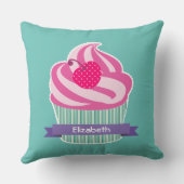 ピンクパーソナライズされたカップケーキウィス水玉模様さくらんぼ クッション (裏面)