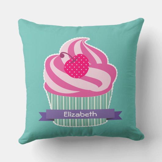 ピンクパーソナライズされたカップケーキウィス水玉模様さくらんぼ クッション (裏面)