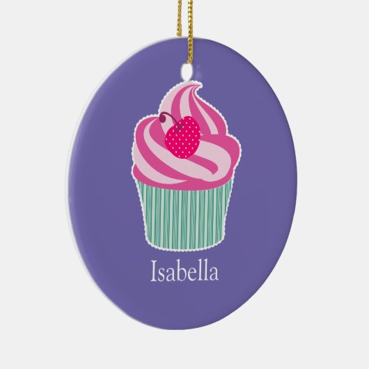 ピンクパーソナライズされたカップケーキウィス水玉模様さくらんぼ セラミックオーナメント (右)