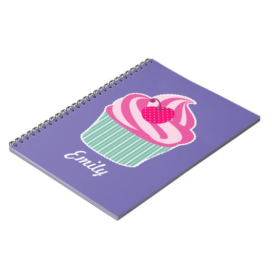 ピンクパーソナライズされたカップケーキウィス水玉模様さくらんぼ ノートブック (左側)