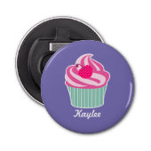 ピンクパーソナライズされたカップケーキウィス水玉模様さくらんぼ 栓抜き (正面)