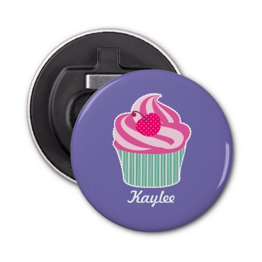 ピンクパーソナライズされたカップケーキウィス水玉模様さくらんぼ 栓抜き (正面)