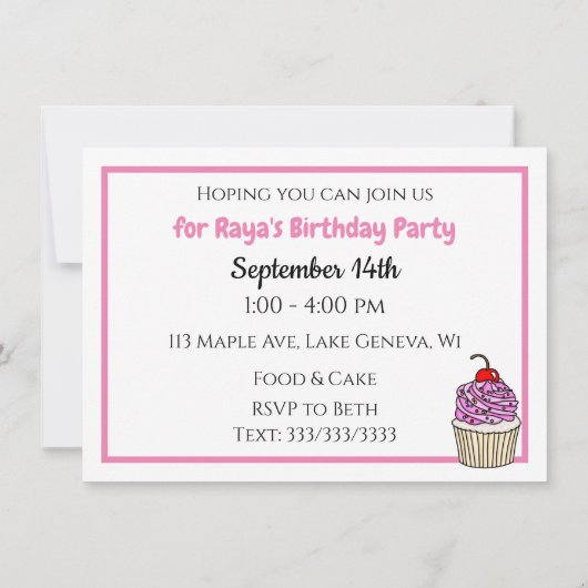 ピンクパーソナライズされたガールの写真誕生日 招待状 (裏面)