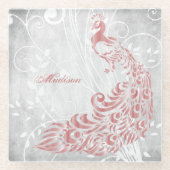 ピンクパーソナライズされたクジャク ガラスコースター (正面)