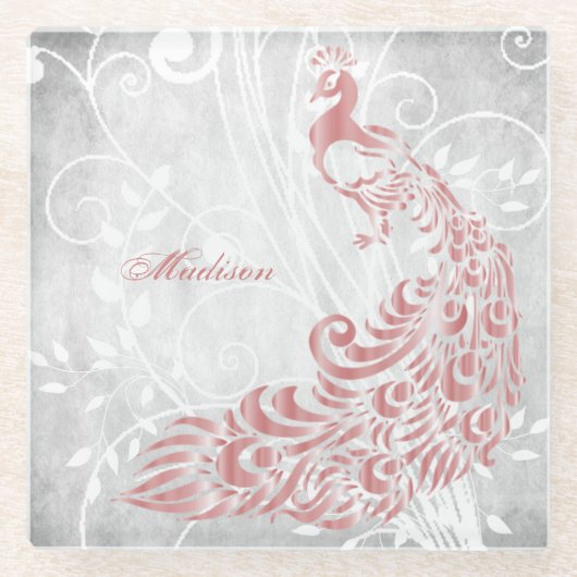 ピンクパーソナライズされたクジャク ガラスコースター (正面)