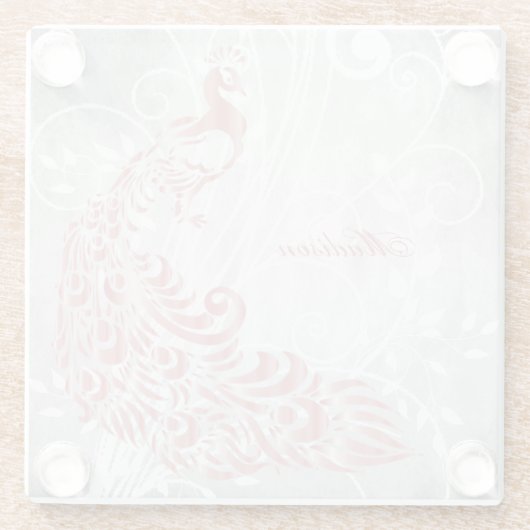 ピンクパーソナライズされたクジャク ガラスコースター (裏面)