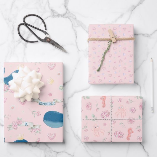 ピンクパーソナライズされたクジラ航海の ラッピングペーパーシート (正面)