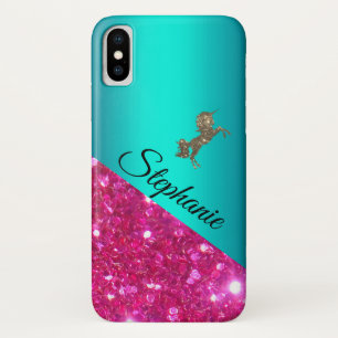 ピンクパーソナライズされたグリッターとアクアスパークリユニコーン iPhone X ケース