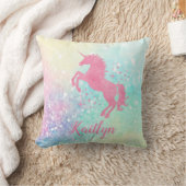 ピンクパーソナライズされたグリッターユニコーンとレインボー クッション (ブランケット)
