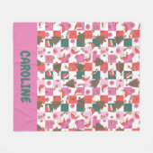 ピンクパーソナライズされたグリーンクリスマス応援市松模様に フリースブランケット (正面(横))