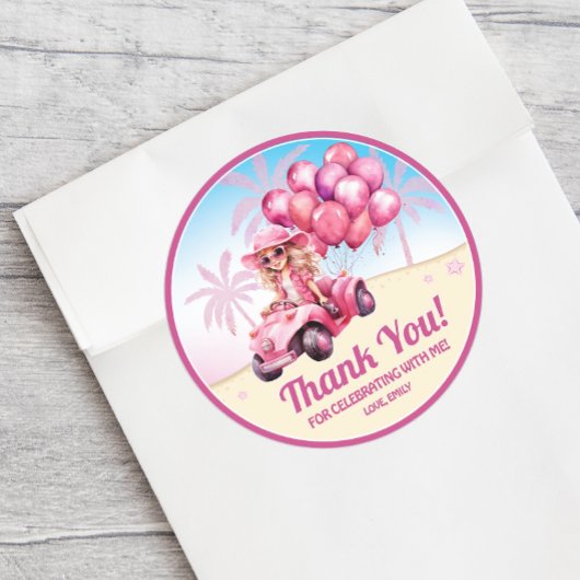 ピンクパーソナライズされたコンバーチブルビーチ誕生日 ラウンドシール