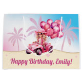 ピンクパーソナライズされたコンバーチブルビーチ誕生日 ラージペーパーバッグ (正面)