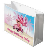 ピンクパーソナライズされたコンバーチブルビーチ誕生日 ラージペーパーバッグ (正面アングル)