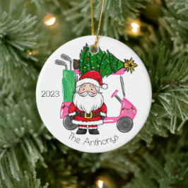 ピンクパーソナライズされたゴルフカートSanta Christmas Tree セラミックオーナメント