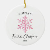 ピンクパーソナライズされたスノーフレーク・ガール初めてのクリスマス セラミックオーナメント (正面)