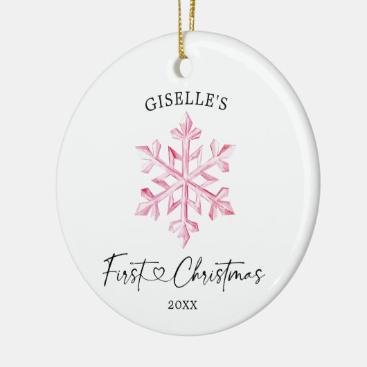 ピンクパーソナライズされたスノーフレーク・ガール初めてのクリスマス セラミックオーナメント (左)