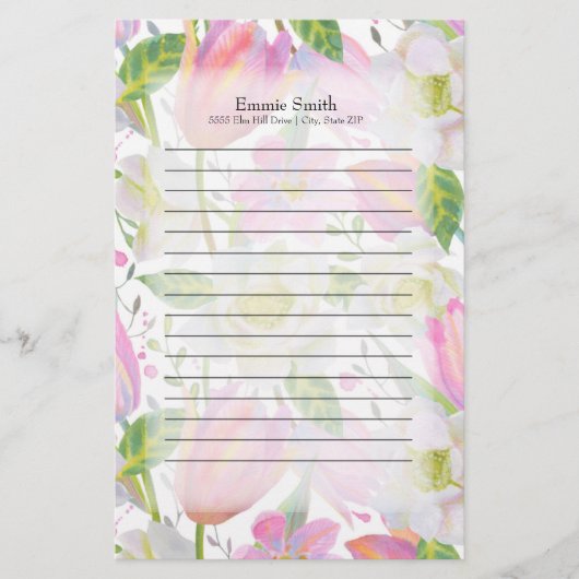 ピンクパーソナライズされたチューリップと緑葉の 便箋 (正面)