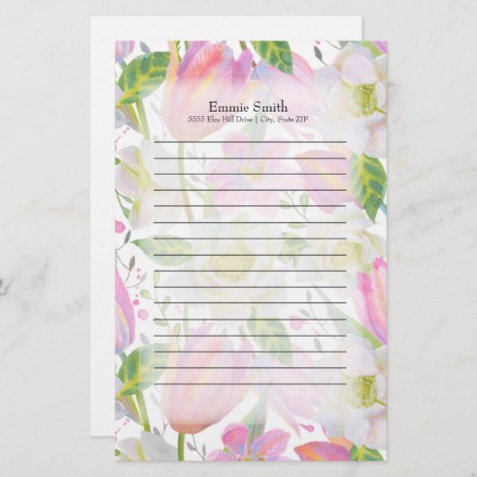 ピンクパーソナライズされたチューリップと緑葉の 便箋 (正面/裏面)