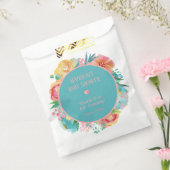 ピンクパーソナライズされたティール（緑がかった色）フローラベビーシャワー フェイバーバッグ (封をした状態)