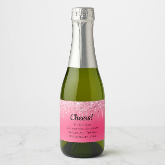 ピンクパーソナライズされたドリップグリッタートレンディー結婚ズ スパークリングワインラベル (正面)