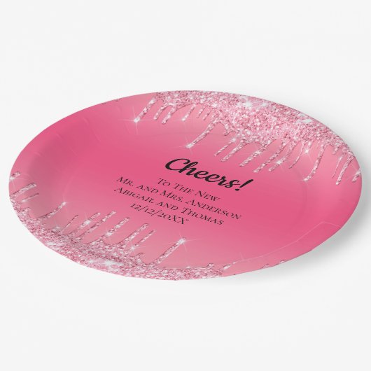 ピンクパーソナライズされたドリップグリッタートレンディー結婚ズ ペーパープレート (アングル)
