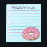 ピンクパーソナライズされたドーナツドーナツスプリンクルグルメ ノートパッド<br><div class="desc">リストスタイルのノートパッドデザインは、ピンクのフロストドーナツのオリジナルマーカーイラストレーションを特色とし、青い背景には色の文字が付数々のいている。ジャンク素晴らしフードジャンキー!情報でパーソナライズする。この店から図解入りの、写真付きの追加のノートパッドも多く販売されている。このデザインは他の製品でも利用可能である。あなたは何を探しているか分からない?カスタマイ救済ズが必要な場合連絡お前のために何かデザインを持って。</div>