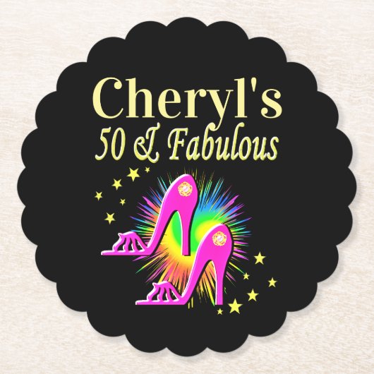 ピンクパーソナライズされたハイヒール50番目誕生日 ペーパーコースター (正面)