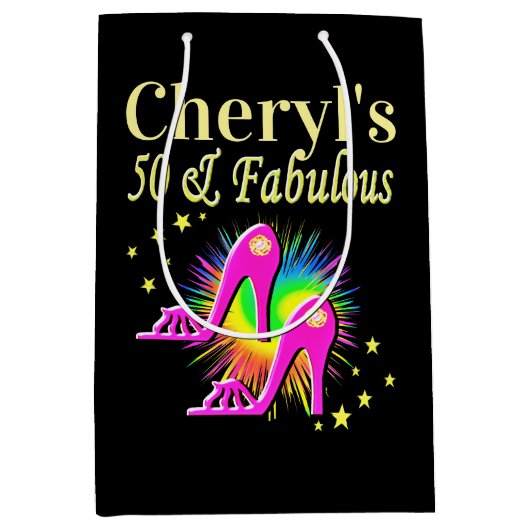 ピンクパーソナライズされたハイヒール50番目誕生日 ミディアムペーパーバッグ (正面)