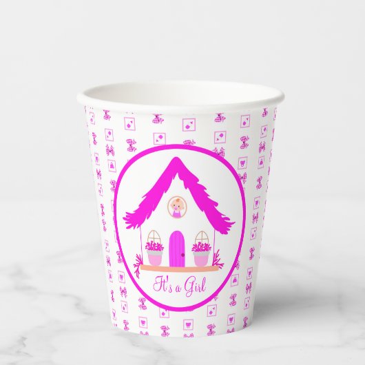 ピンクパーソナライズされたハウス女の子ベビーシャワー 紙コップ (正面)