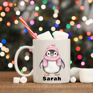 ピンクパーソナライズされたハットペンギン名前をカスタムする コーヒーマグカップ
