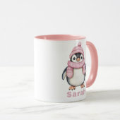 ピンクパーソナライズされたハットペンギン名前をカスタムする マグカップ (正面右)