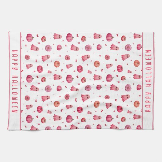 ピンクパーソナライズされたハロウィーンカボチャ キッチンタオル (横)