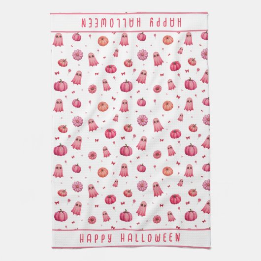 ピンクパーソナライズされたハロウィーンカボチャ キッチンタオル (縦)