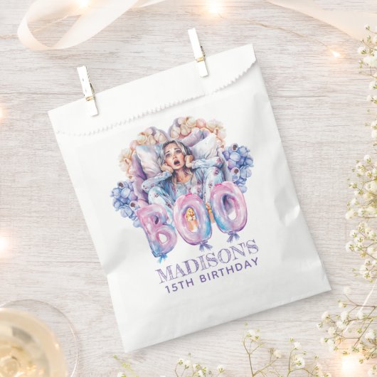 ピンクパーソナライズされたハロウィーンブー フェイバーバッグ (クリップ留めされた状態)