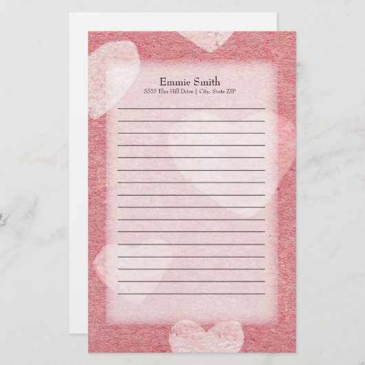 ピンクパーソナライズされたハートの水色 便箋 (正面/裏面)