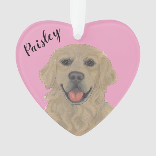 ピンクパーソナライズされたハートゴールデンレトリバー オーナメント (正面)