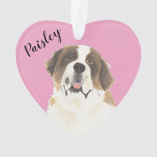 ピンクパーソナライズされたハートセントバーナード犬 オーナメント (裏面)
