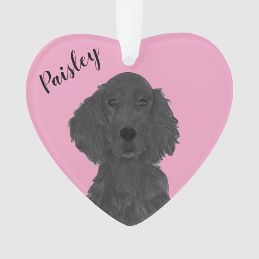 ピンクパーソナライズされたハートフラットコーテッドレトリバー オーナメント (正面)
