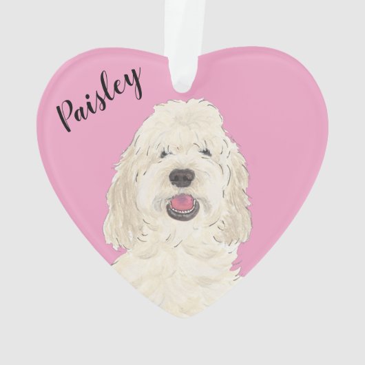 ピンクパーソナライズされたハートホワイトクリームゴールデンドードル オーナメント (裏面)