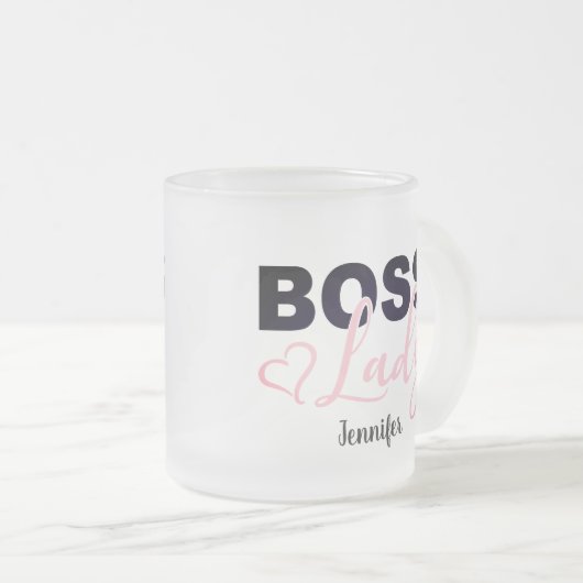ピンクパーソナライズされたハートボスレディーコーヒー フロストグラスマグカップ (正面右)