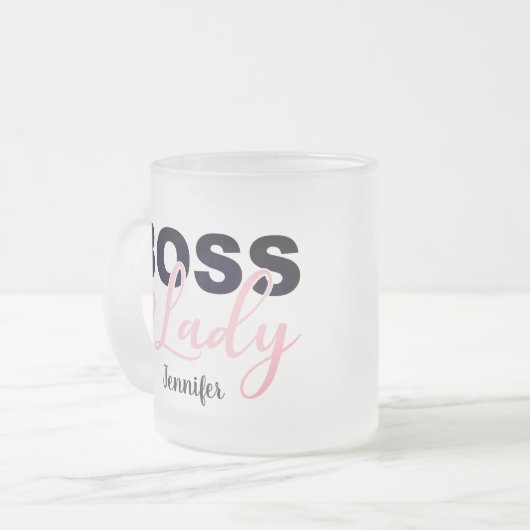 ピンクパーソナライズされたハートボスレディーコーヒー フロストグラスマグカップ (正面左)