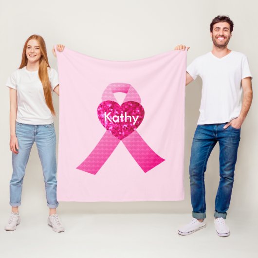 ピンクパーソナライズされたハートリボン乳がん フリースブランケット (インサイチュ)